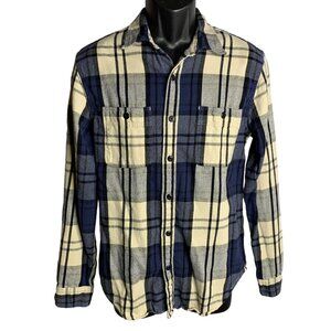 J Crew Slim Fit Mid Weight Flannel Shirt M Blue Plaid Button Up Chest Pockets